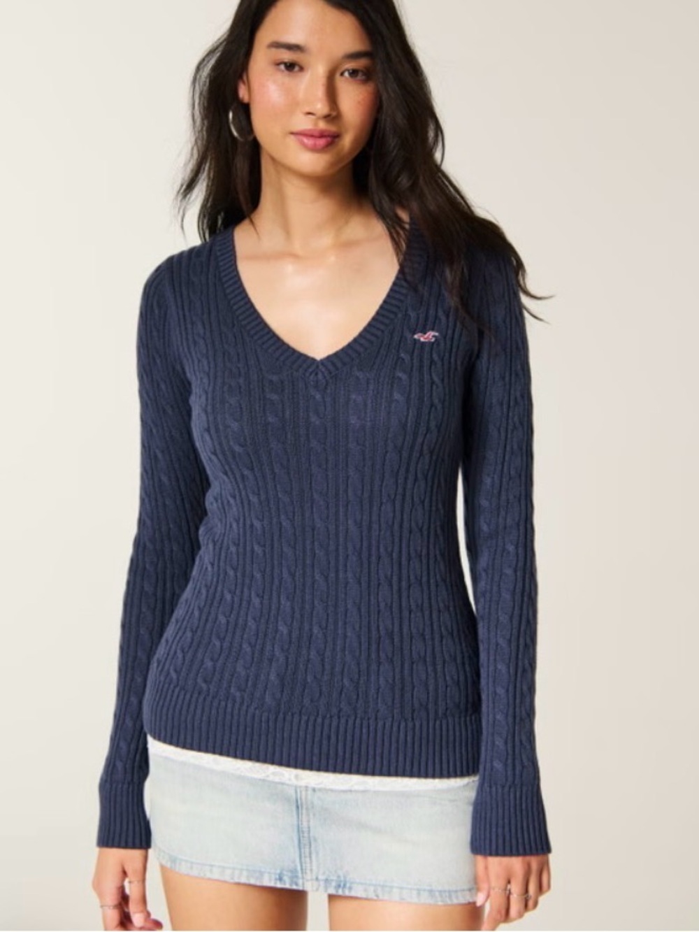 Hollister Navy Cable-Knit V-Neck Sweater